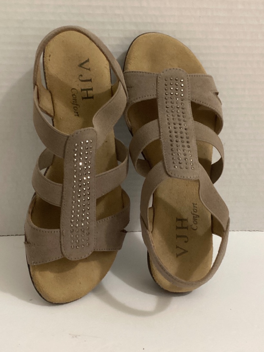 Ladies Sandals-Size 5-Taupe-Muted Rhinestones-Elastic Straps-VJH Confort